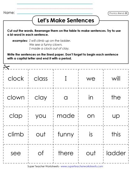 Games & Learning Centers - Let's Make Sentences (Cl-)  (Printable PDF Worksheet)