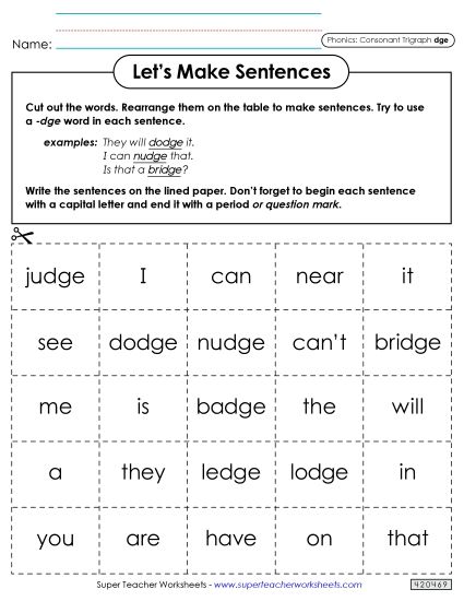 Games and Learning Centers - Let's Make Sentences (-dge) (Printable PDF Worksheet)