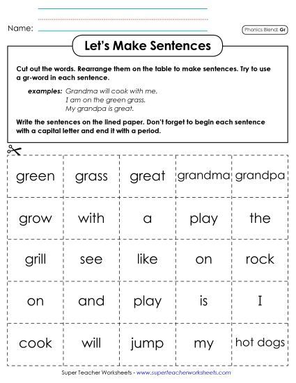 Games & Learning Centers - Let's Make Sentences (Gr-) (Printable PDF Worksheet)