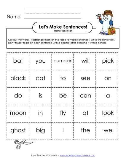 Build Sentences - Let's Make Sentences: Halloween (Printable PDF Worksheet)
