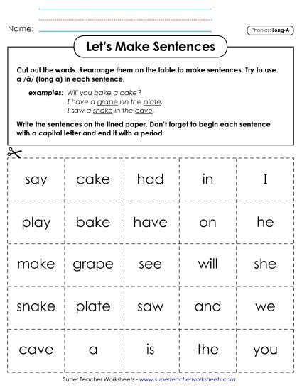 Games & Learning Centers - Let's Make Sentences: Long A Words (Printable PDF Worksheet)