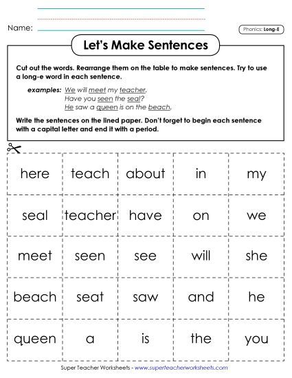 Games & Learning Centers - Let's Make Sentences (Long E) (Printable PDF Worksheet)