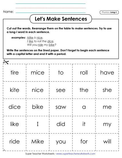 Games & Learning Centers - Let's Make Sentences: Long I Words (Printable PDF Worksheet)