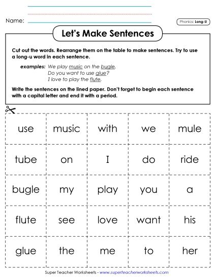 Games & Learning Centers - Let's Make Sentences: Long U Words (Printable PDF Worksheet)