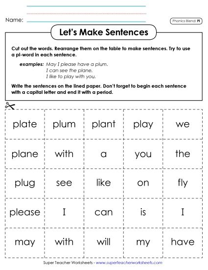 Games & Learning Centers - Let's Make Sentences (Pl-) (Printable PDF Worksheet)