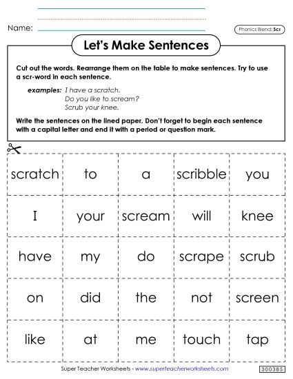 Games and Learning Centers - Let's Make Sentences (Scr-) (Printable PDF Worksheet)