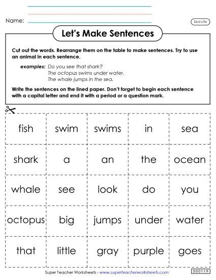 Worksheets & Activities - Let's Make Sentences: Sea Life (Printable PDF Worksheet)