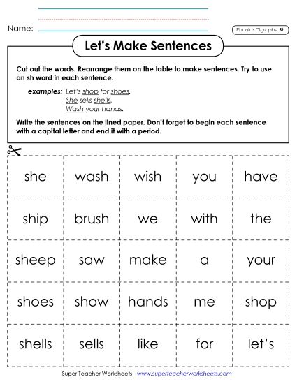 Games & Learning Centers - Let's Make Sentences (SH) (Printable PDF Worksheet)