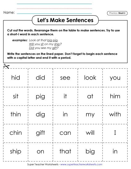 Games and Learning Centers - Let's Make Sentences: Short I Words (Printable PDF Worksheet)