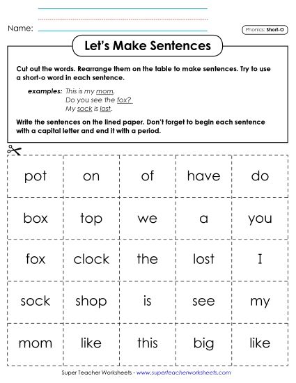 Games & Learning Centers - Let's Make Sentences: Short O Words (Printable PDF Worksheet)