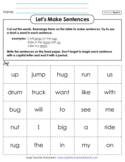 Games and Puzzles - Let's Make Sentences: Short U Words (Printable PDF Worksheet)