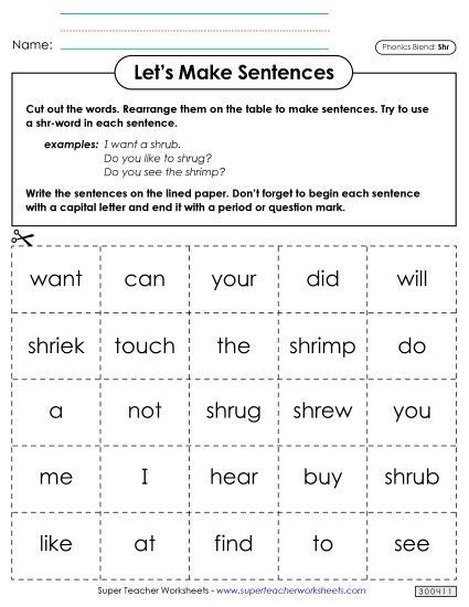 Games and Learning Centers - Let's Make Sentences (Shr-) (Printable PDF Worksheet)
