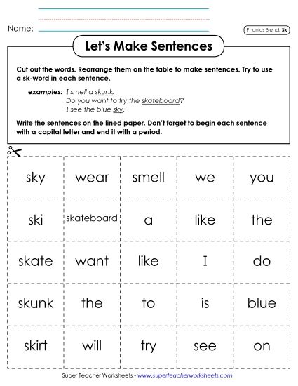 Games & Learning Activities - Let's Make Sentences (Sk- Words) (Printable PDF Worksheet)