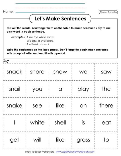 Games & Learning Centers - Let's Make Sentences (Sn-)  (Printable PDF Worksheet)