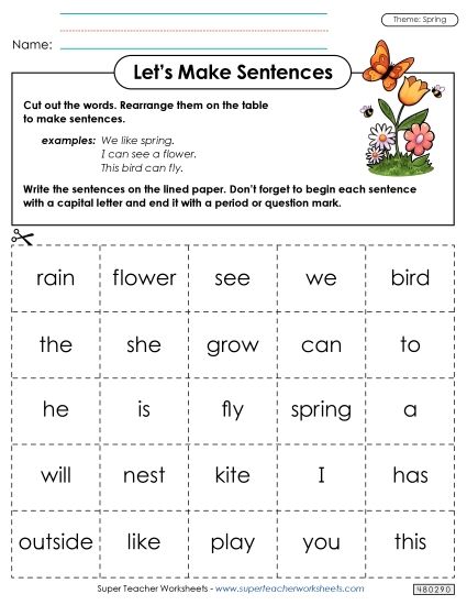 Early Literacy - Let's Make Sentences: Spring Word Cards (Printable PDF Worksheet)