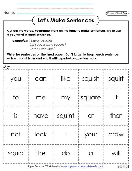 Games and Learning Centers - Let's Make Sentences (Squ-) (Printable PDF Worksheet)