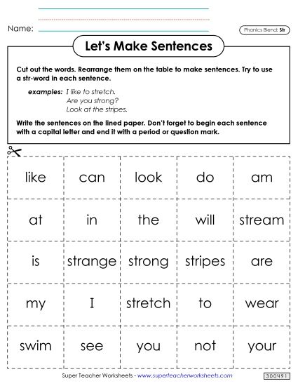 Games and Learning Centers - Let's Make Sentences (Str-) (Printable PDF Worksheet)