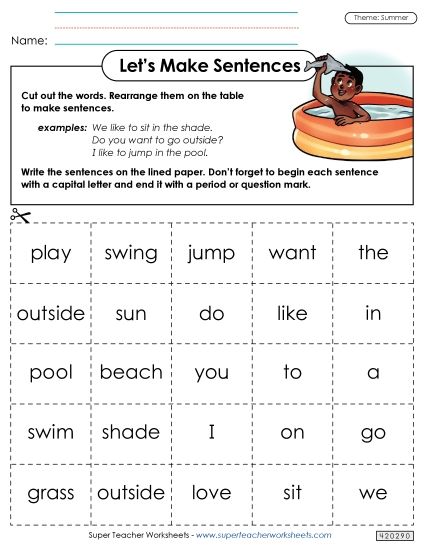 Early Literacy Activities  - Let's Make Sentences: Summer Word Cards (Printable PDF Worksheet)