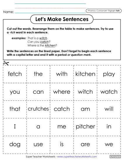 Games and Learning Centers - Let's Make Sentences (-tch) (Printable PDF Worksheet)