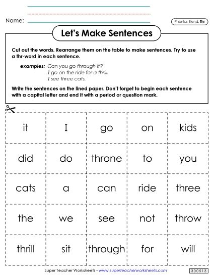 Games and Learning Centers - Let's Make Sentences (Thr-) (Printable PDF Worksheet)