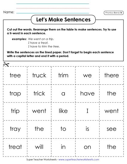 Games & Learning Centers - Let's Make Sentences (Tr-) (Printable PDF Worksheet)