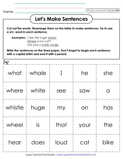 Games and Learning Centers - Let's Make Sentences (WH Words) (Printable PDF Worksheet)
