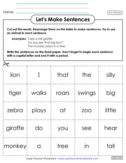 Zoo Language, Reading, & Phonics - Let's Make Sentences (Zoo Animals) (Printable PDF Worksheet)