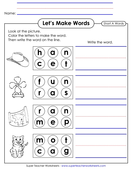 Short A CVC Words - Let's Make Short A CVC Words (Printable PDF Worksheet)