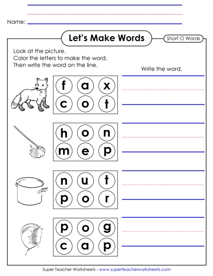 Short O CVC Words - Let's Make Short O CVC Words 2 (Printable PDF Worksheet)