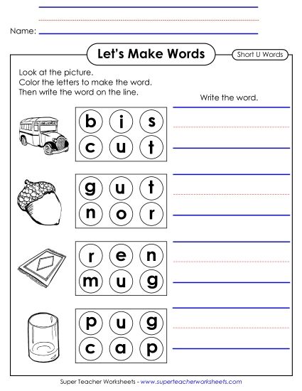 Worksheets - Let's Make Words 2 (Word Circles) Short U (Printable PDF Worksheet)
