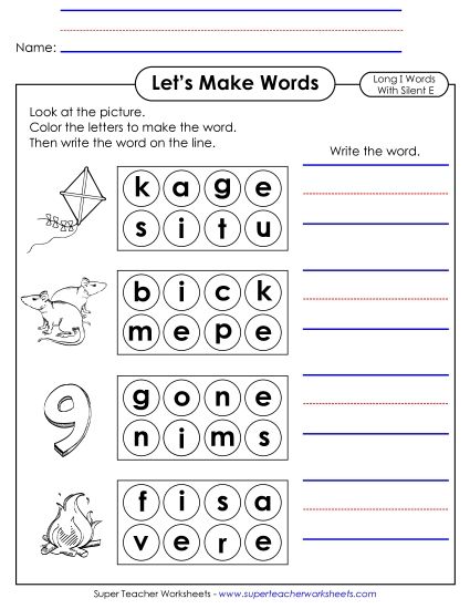 Let's Make Words (Word Circles) - Let's Make Words (Long I; Silent E) #1 (Printable PDF Worksheet)