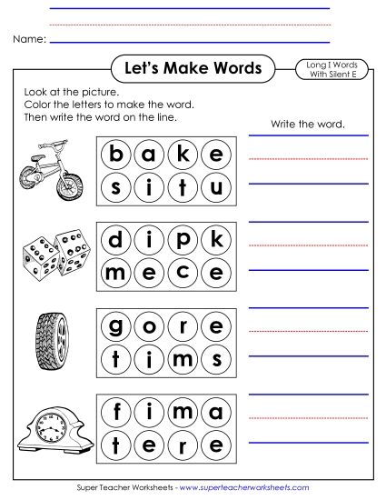 Let's Make Words (Word Circles) - Let's Make Words (Long I; Silent E) #2 (Printable PDF Worksheet)