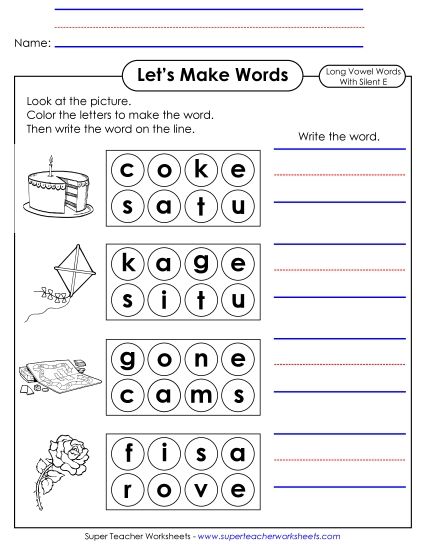 Let's Make Words (Word Circles) - Let's Make Words (Silent E) (Printable PDF Worksheet)
