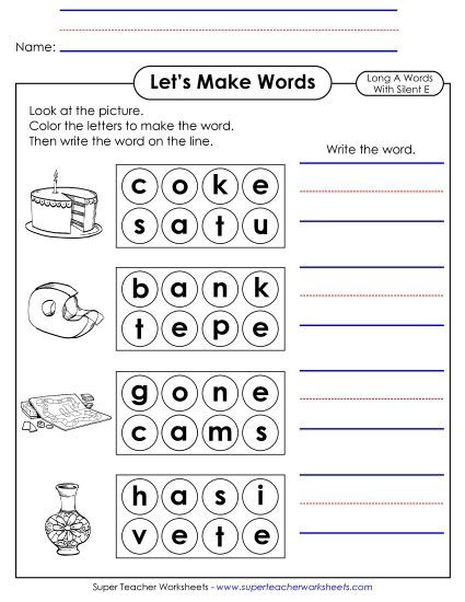 Worksheets - Let's Make Words (Word Circles) Long A, Silent E (Printable PDF Worksheet)