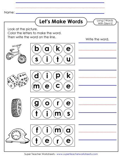 Worksheets - Let's Make Words (Word Circles) Long I; Silent E (Printable PDF Worksheet)