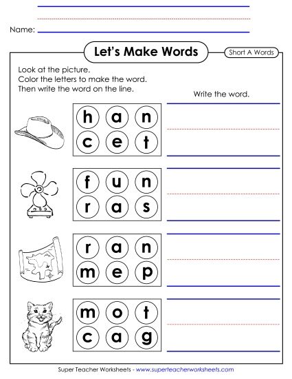 Worksheets - Let's Make Words (Word Circles) Short A (Printable PDF Worksheet)