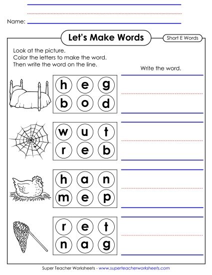 Worksheets - Let's Make Words (Word Circles) Short E (Printable PDF Worksheet)