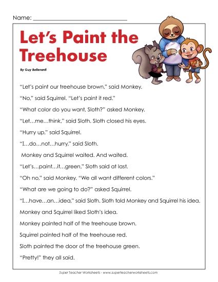 Fiction - Let's Paint the Treehouse (Printable PDF Worksheet)