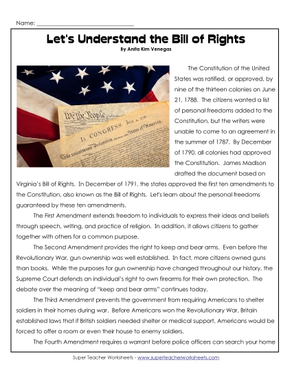 Reading Comprehension - Let's Understand the Bill of Rights - Printable PDF (Printable PDF Worksheet)