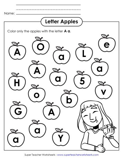 Letter Recognition - Letter A a Recognition - Apples (Printable PDF Worksheet)
