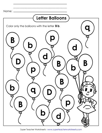 Letter Recognition - Letter B b Recognition - Balloons (Printable PDF Worksheet)