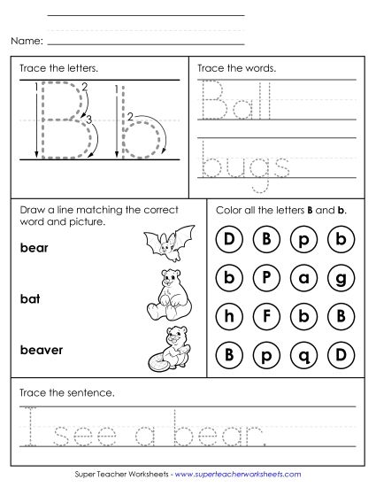 Letter B: Mixed Skills - Letter B - Mixed Skills (Intermediate) (Printable PDF Worksheet)