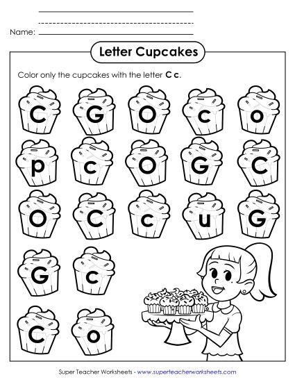 Letter Recognition - Letter C c Recognition - Cupcakes (Printable PDF Worksheet)