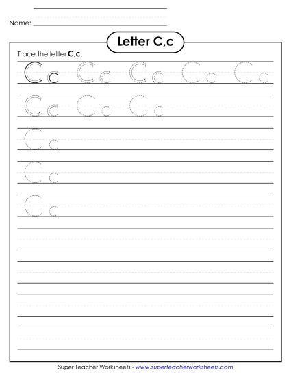 Trace and Print - Letter C, c - Tracing Practice (Smaller Font Size) (Printable PDF Worksheet)