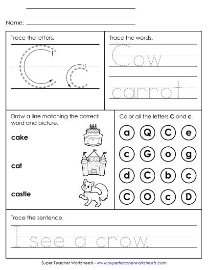 Letter C: Mixed Skills - Letter C - Mixed Skills (Intermediate) (Printable PDF Worksheet)