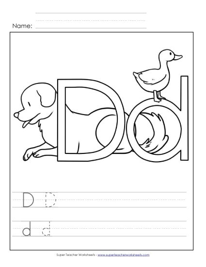 Trace and Print - Letter D -  Color and Write (Printable PDF Worksheet)
