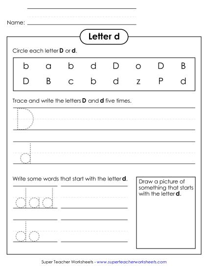 Worksheets - Letter D d - Practice Sheet (Printable PDF Worksheet)