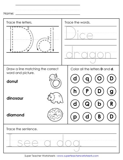 Letter D: Mixed Skills - Letter D - Mixed Skills (Intermediate) (Printable PDF Worksheet)