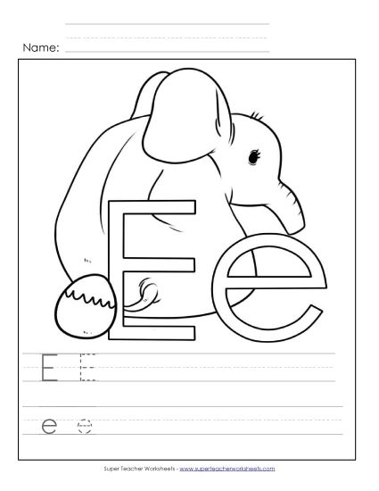 Worksheets - Letter E: Color-and-Write (Printable PDF Worksheet)