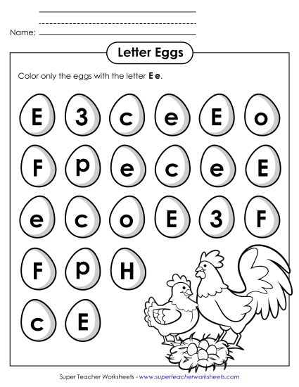Letter Recognition - Letter E e Recognition - Eggs (Printable PDF Worksheet)